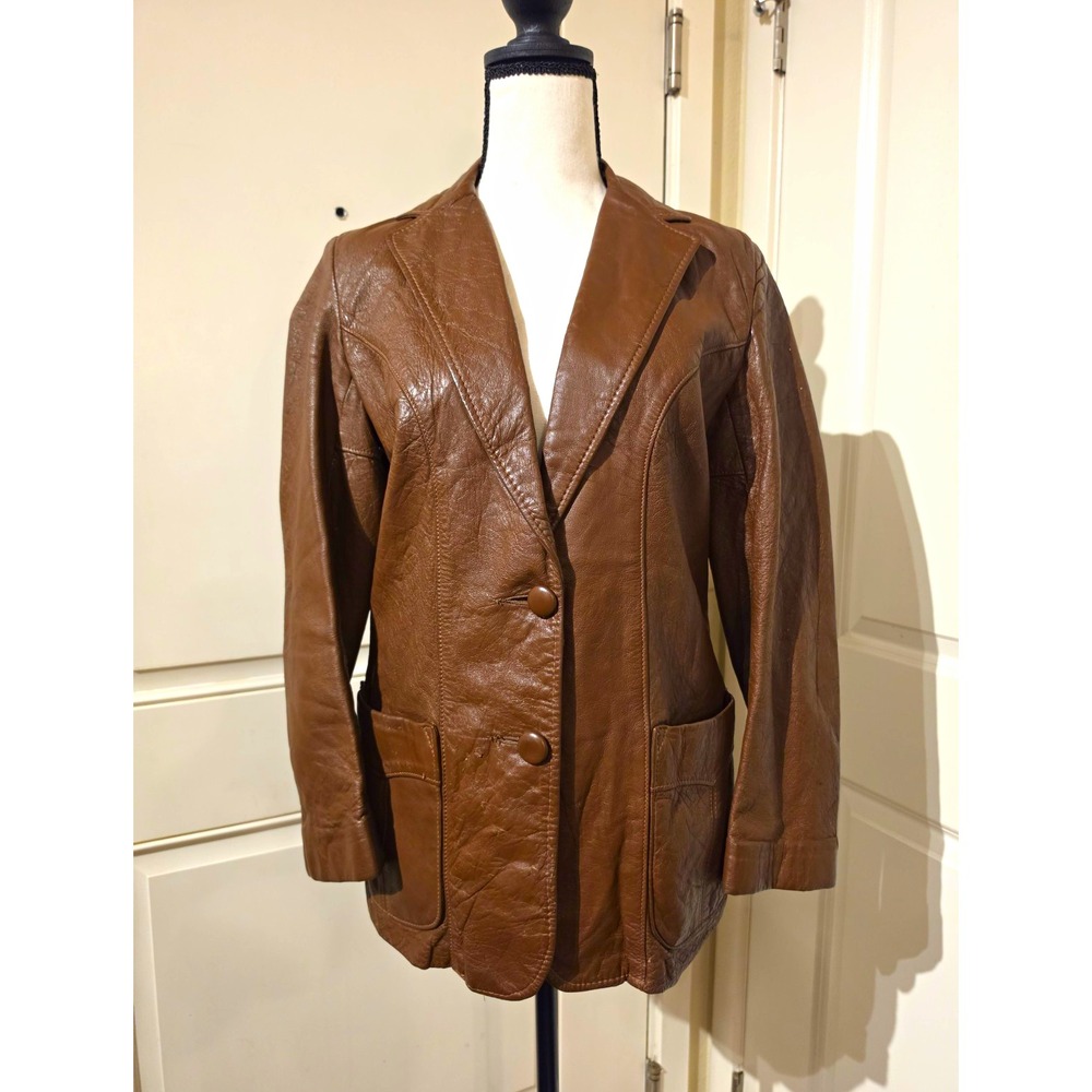 VTG Schott Women's Brown Leather Button Front Lined Pocket Jacket Mid-Length 12